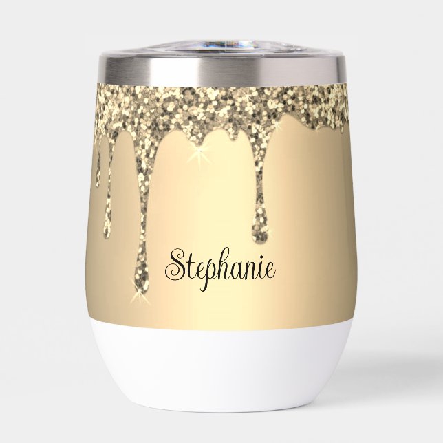 Personalized name Gold Drip Script Monogram Thermal Wine Tumbler (Front)