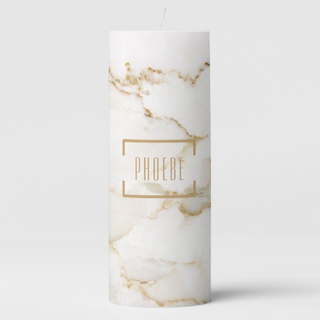Personalized Name Gold Effect Marble Pillar Candle (Front)