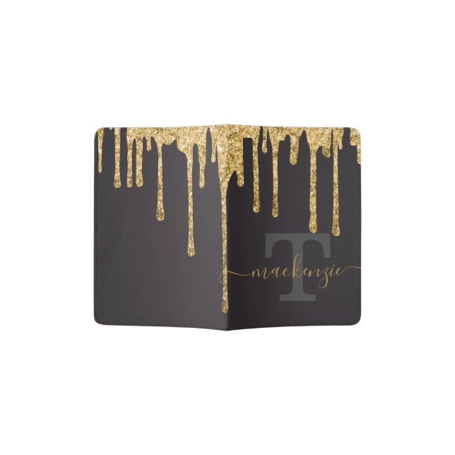 Personalized Name Gold Fake Glitter Drip Monogram Passport Holder (Opened)