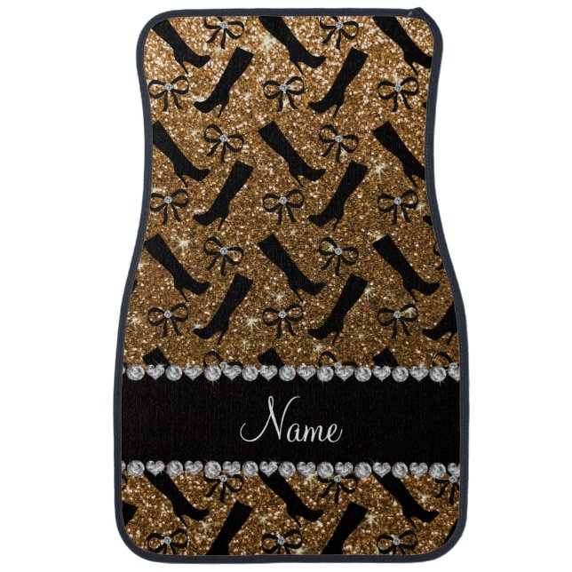 Personalized name gold glitter boots bows car mat (Front)