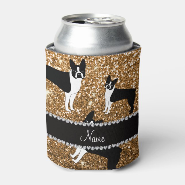 Personalized name gold glitter boston terrier can cooler (Can Front)