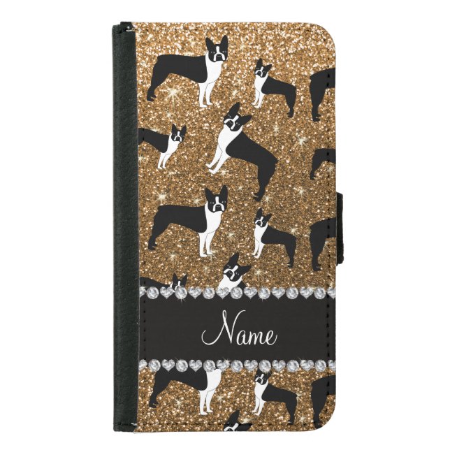 Personalized name gold glitter boston terrier samsung galaxy wallet case (Front)