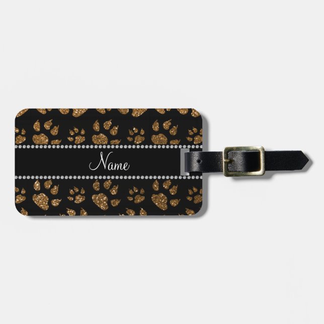 Personalized name gold glitter cat paws luggage tag (Front Horizontal)