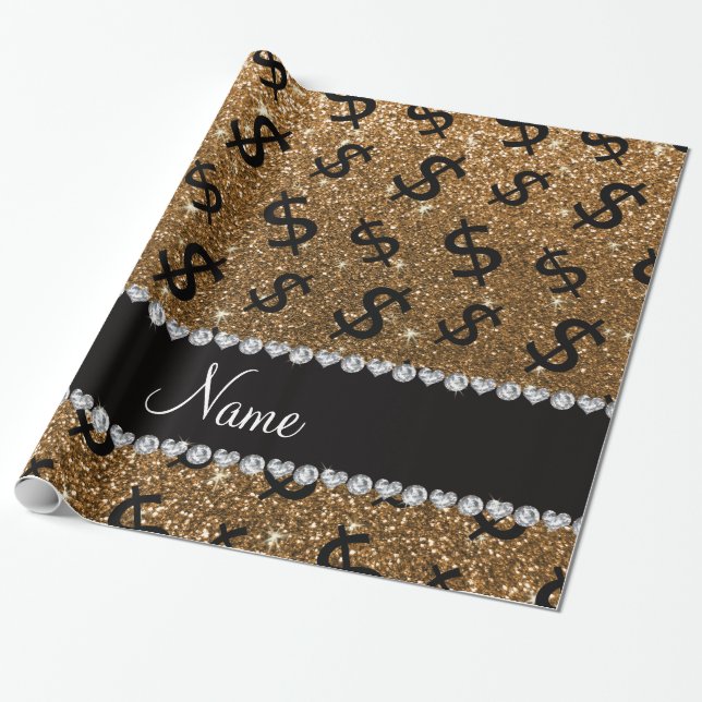 Personalized name gold glitter dollar signs wrapping paper (Unrolled)