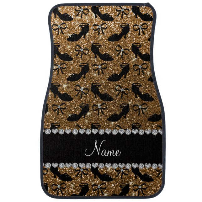 Personalized name gold glitter fancy shoes bows car mat (Front)