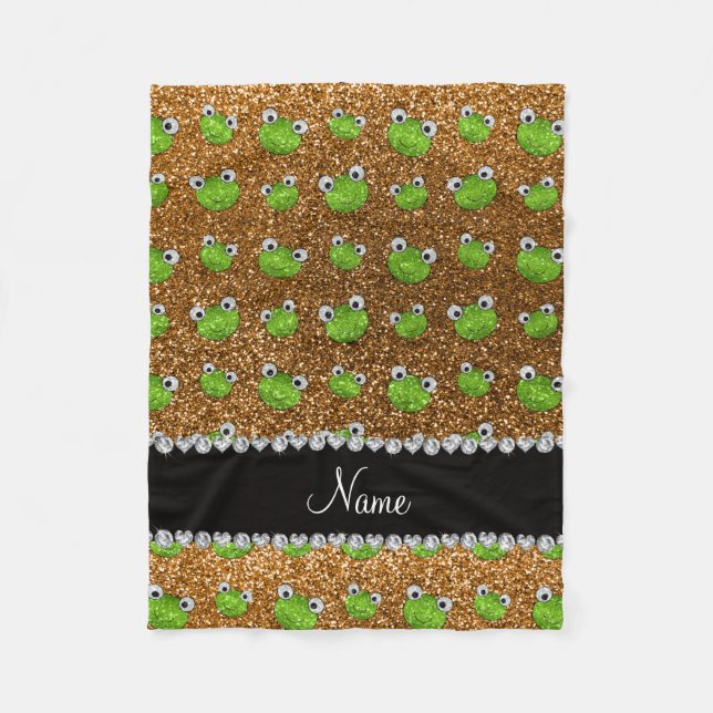 Personalized name gold glitter frogs fleece blanket (Front)