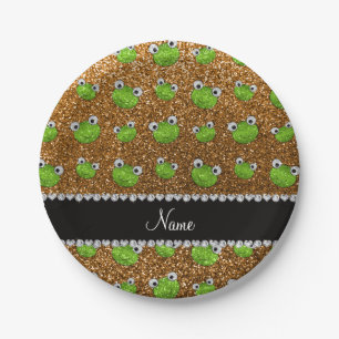 Personalized name gold glitter frogs paper plates