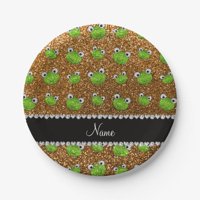 Personalized name gold glitter frogs paper plates (Front)