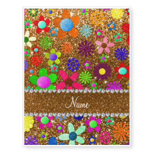 Personalized name gold glitter retro flowers temporary tattoos