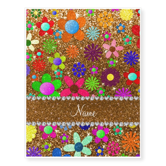 Personalized name gold glitter retro flowers temporary tattoos (Front)