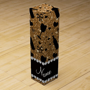 Personalized name gold glitter wine glass bottle box
