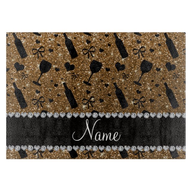 Personalized name gold glitter wine glass bottle cutting board (Front)