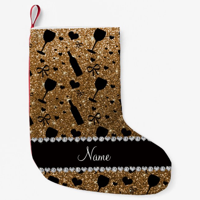 Personalized name gold glitter wine glass bottle small christmas stocking (Front)