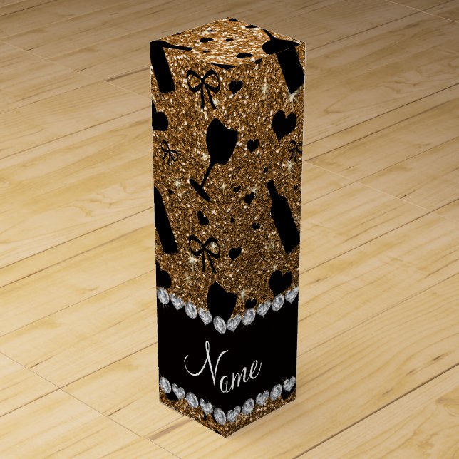 Personalized name gold glitter wine glass bottle wine box (Front)
