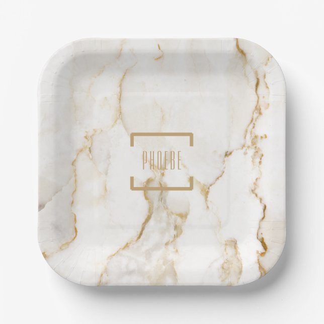 Personalized Name Gold Marble Pattern Paper Plates (Front)