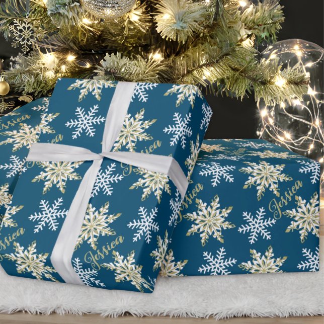 Personalized Name Gold Snowflake Navy Gift Wrapping Paper (Creator Uploaded)