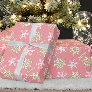 Personalized Name Gold Snowflake Pink Gift Wrapping Paper