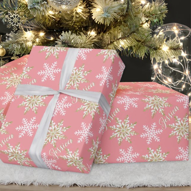 Personalized Name Gold Snowflake Pink Gift Wrapping Paper (Creator Uploaded)