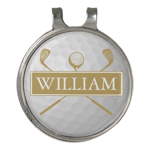 Personalized Name Gold White Ball And Clubs Golf Hat Clip