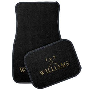 Personalized Name Golf Clubs Black And Gold Car Floor Mat