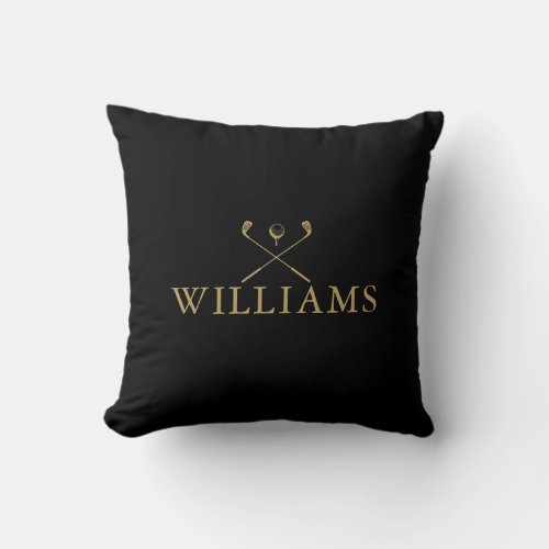 Personalized Name Golf Clubs Black And Gold Throw Pillow
