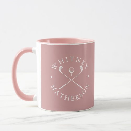 Personalized Name Golf Clubs Dusty Rose And White Mug