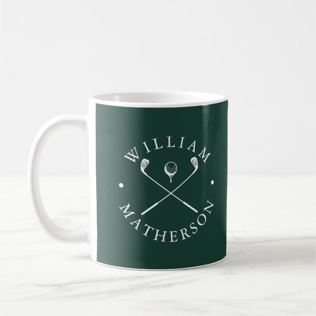 Personalized Name Golf Clubs Emerald Green White Coffee Mug (Left)