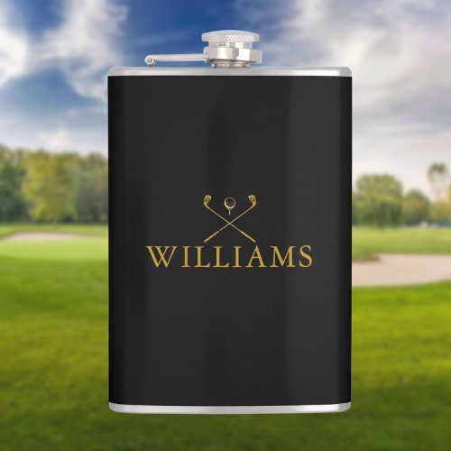 Personalized Name Golf Clubs Gold And Black Flask