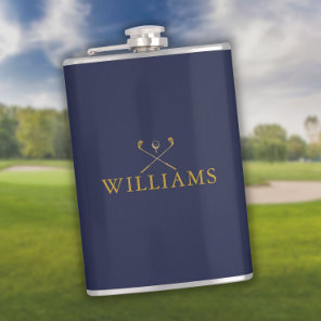 Personalized Name Golf Clubs Gold And Navy Blue Flask