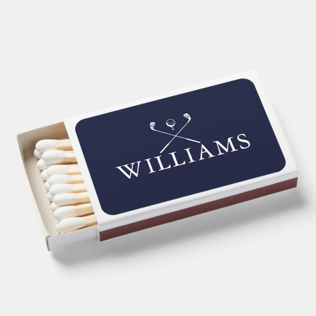 Personalized Name Golf Clubs Navy Blue Matchboxes (Front Open)