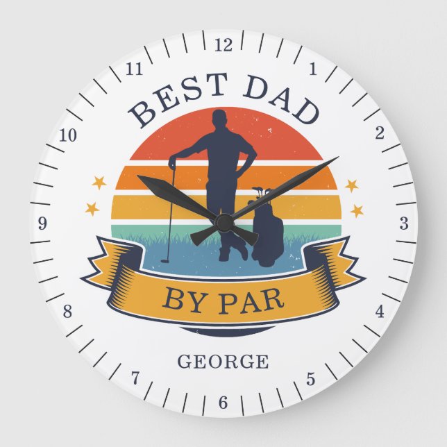 Personalized Name Golf Dad By Par Birthday Retro Large Clock (Front)