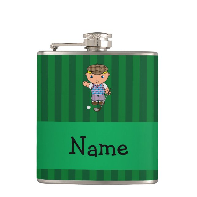 Personalized name golf player green stripes hip flask (Front)