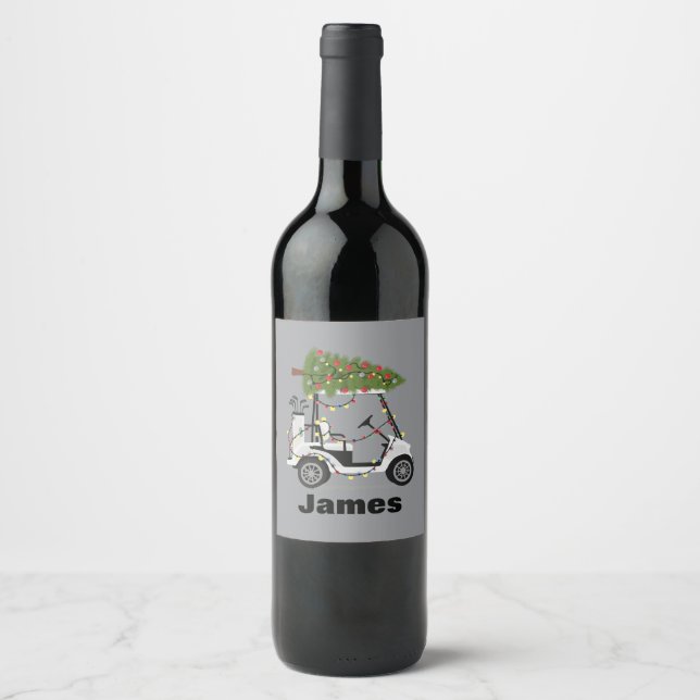 Personalized Name Golfer Christmas Golf Cart Xmas  Wine Label (Front)