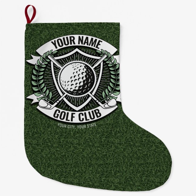 Personalized NAME Golfer Golf Club Turf Clubhouse  Large Christmas Stocking (Front)