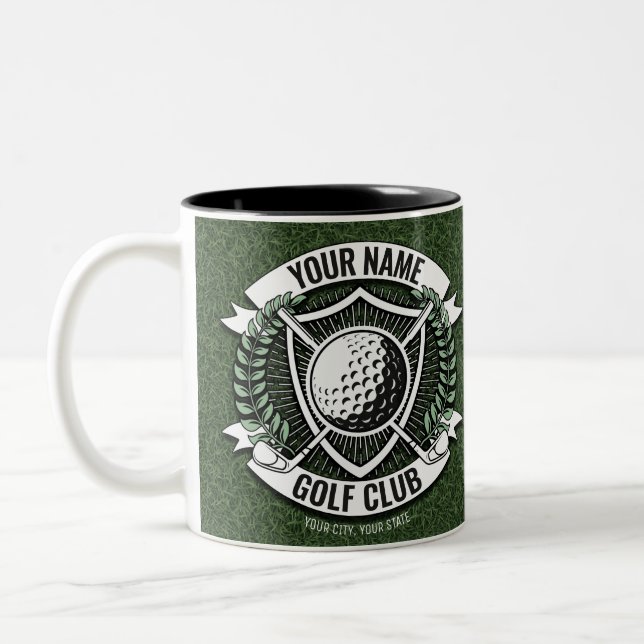 Personalized NAME Golfer Golf Club Turf Clubhouse Two-Tone Coffee Mug (Left)