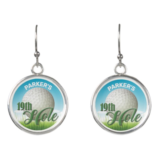 Personalized NAME Golfer Golf Pro Ball 19th Hole Earrings (Front)