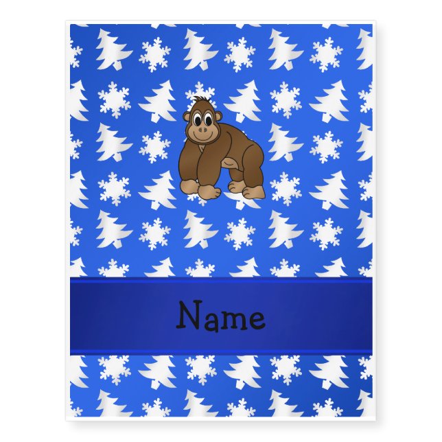 Personalized name gorilla blue snowflakes trees temporary tattoos (Front)
