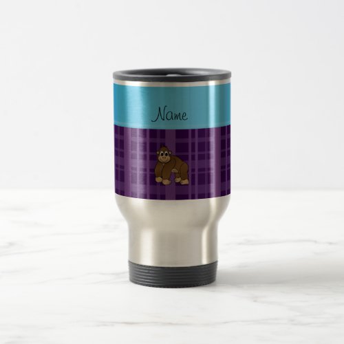 Personalized name gorilla purple plaid travel mug