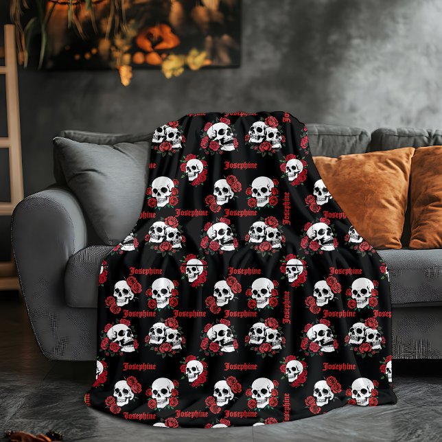 Personalized Name Gothic Skull & Roses Halloween Fleece Blanket (Creator Uploaded)