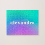 Personalized Name Gradient Ombre Purple Green Jigsaw Puzzle<br><div class="desc">This custom name puzzle design features a beautiful gradient ombre background transitioning from aqua to purple, creating a calming and stylish aesthetic. The bold white typography adds a modern touch, making this design a perfect personalized gift for kids, teens, and adults alike. Whether used for relaxation, a fun challenge, or...</div>