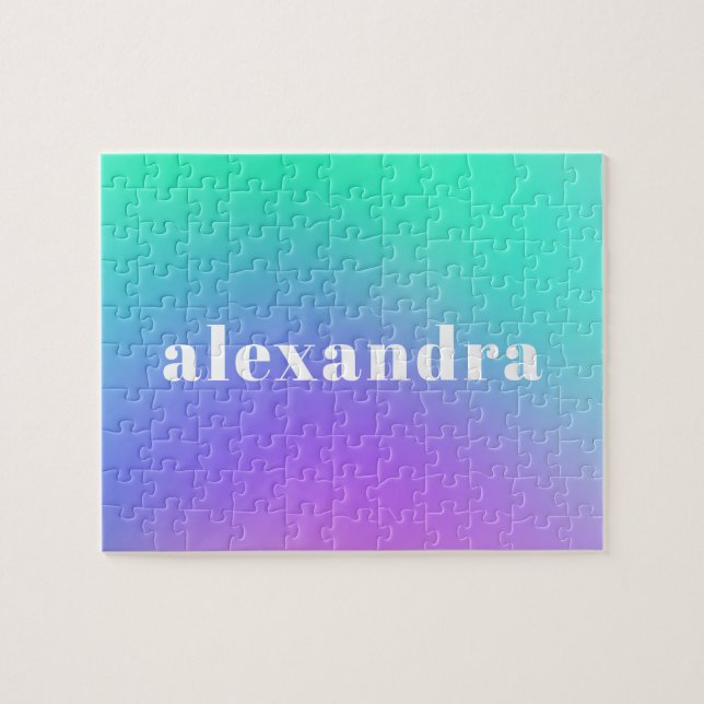 Personalized Name Gradient Ombre Purple Green Jigsaw Puzzle (Horizontal)