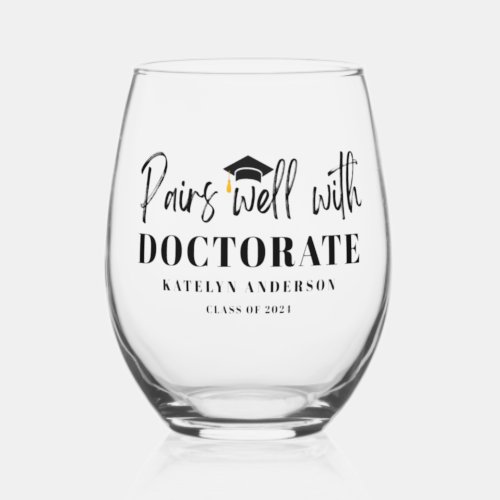 Personalized Name Graduation Year Doctorate Degree Stemless Wine Glass