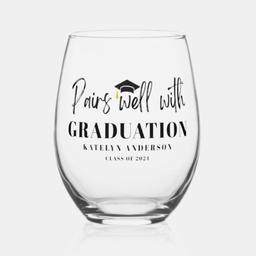 Personalized Name Graduation Year Pairs Well Stemless Wine Glass