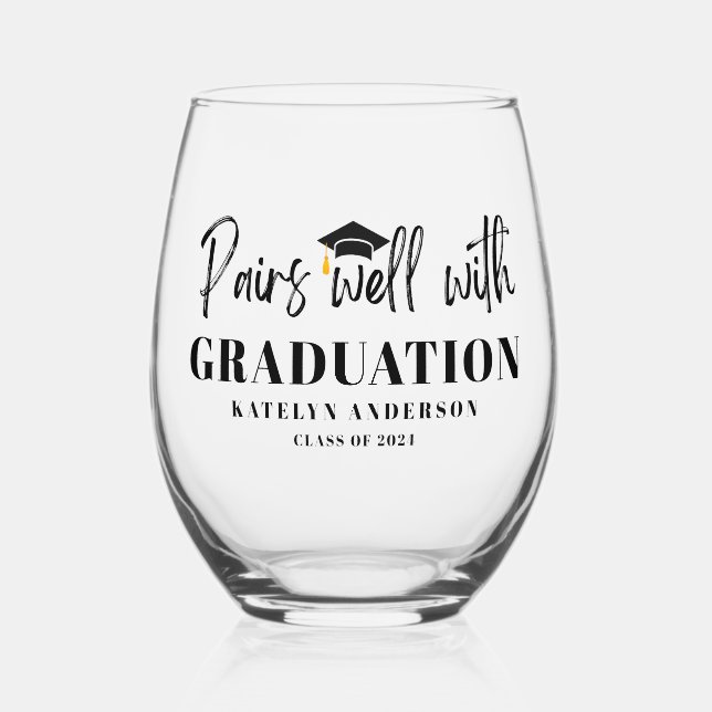 Personalized Name Graduation Year Pairs Well Stemless Wine Glass (Front)