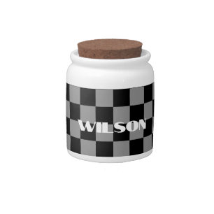 personalized name gray and black checkered candy jar