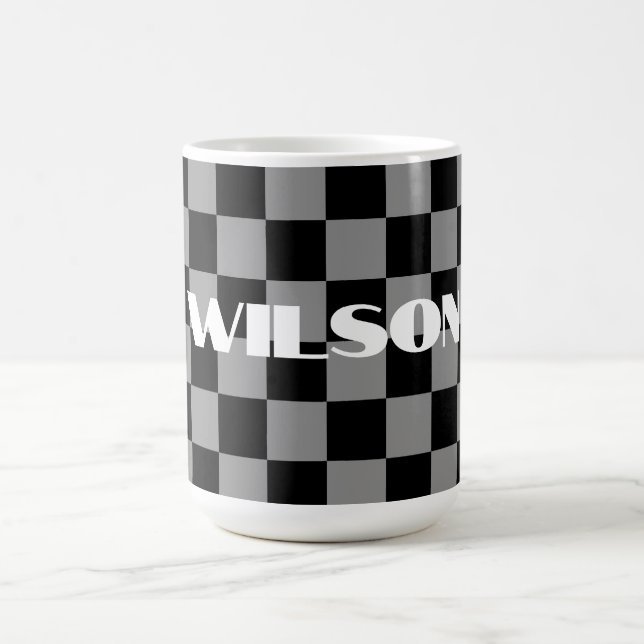 personalized name gray and black checkered  coffee mug (Center)