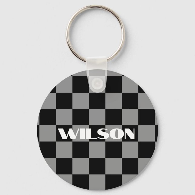 personalized name gray and black checkered  keychain (Front)