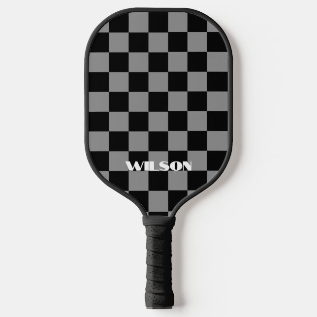 personalized name gray and black checkered  pickleball paddle (Front)