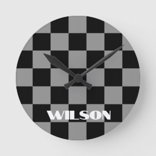 personalized name gray and black checkered round clock