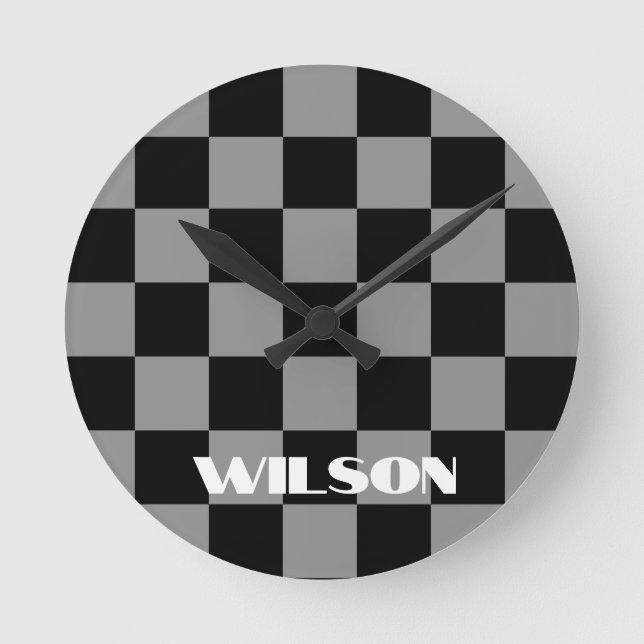 personalized name gray and black checkered  round clock (Front)